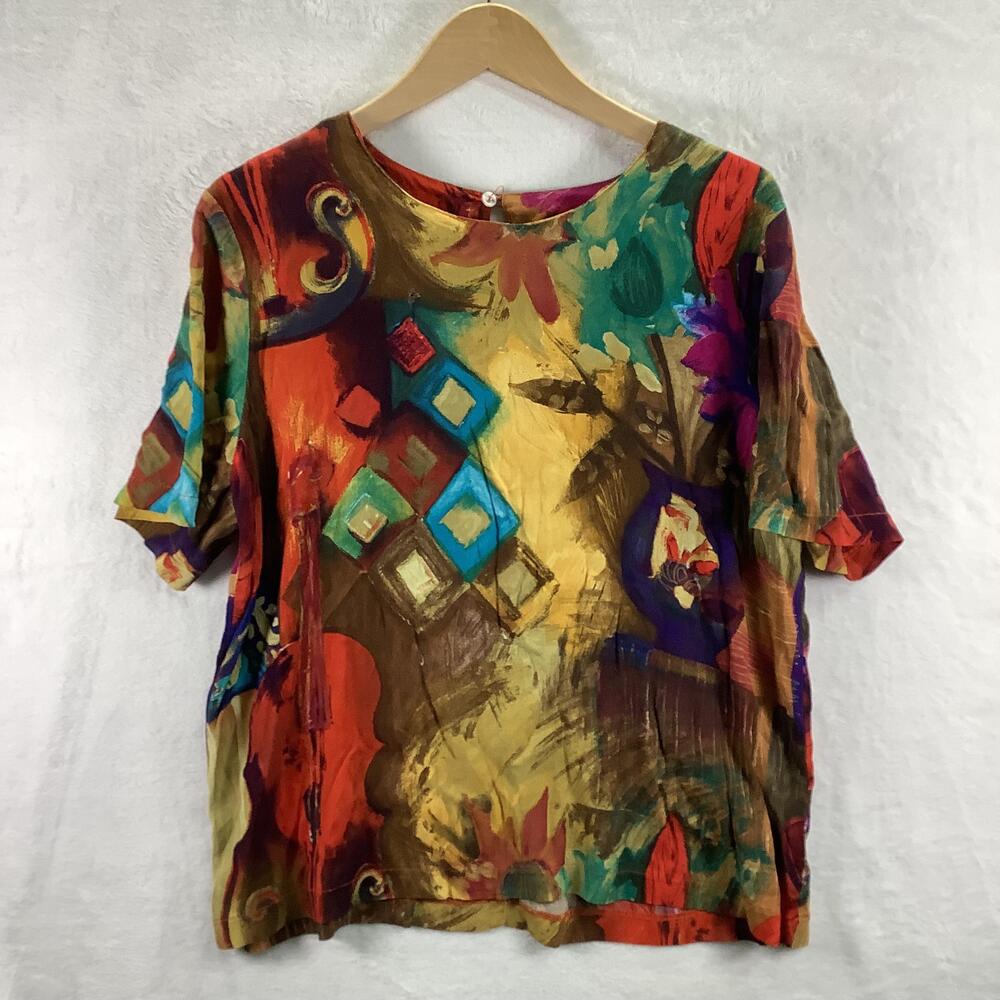 Saint Germain Paris Shirt Womens Large Multicolor Abstract Floral Art Boho Artsy